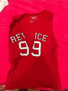 REVICE Red Ribbed Sleeveless Top with White '99' Graphic